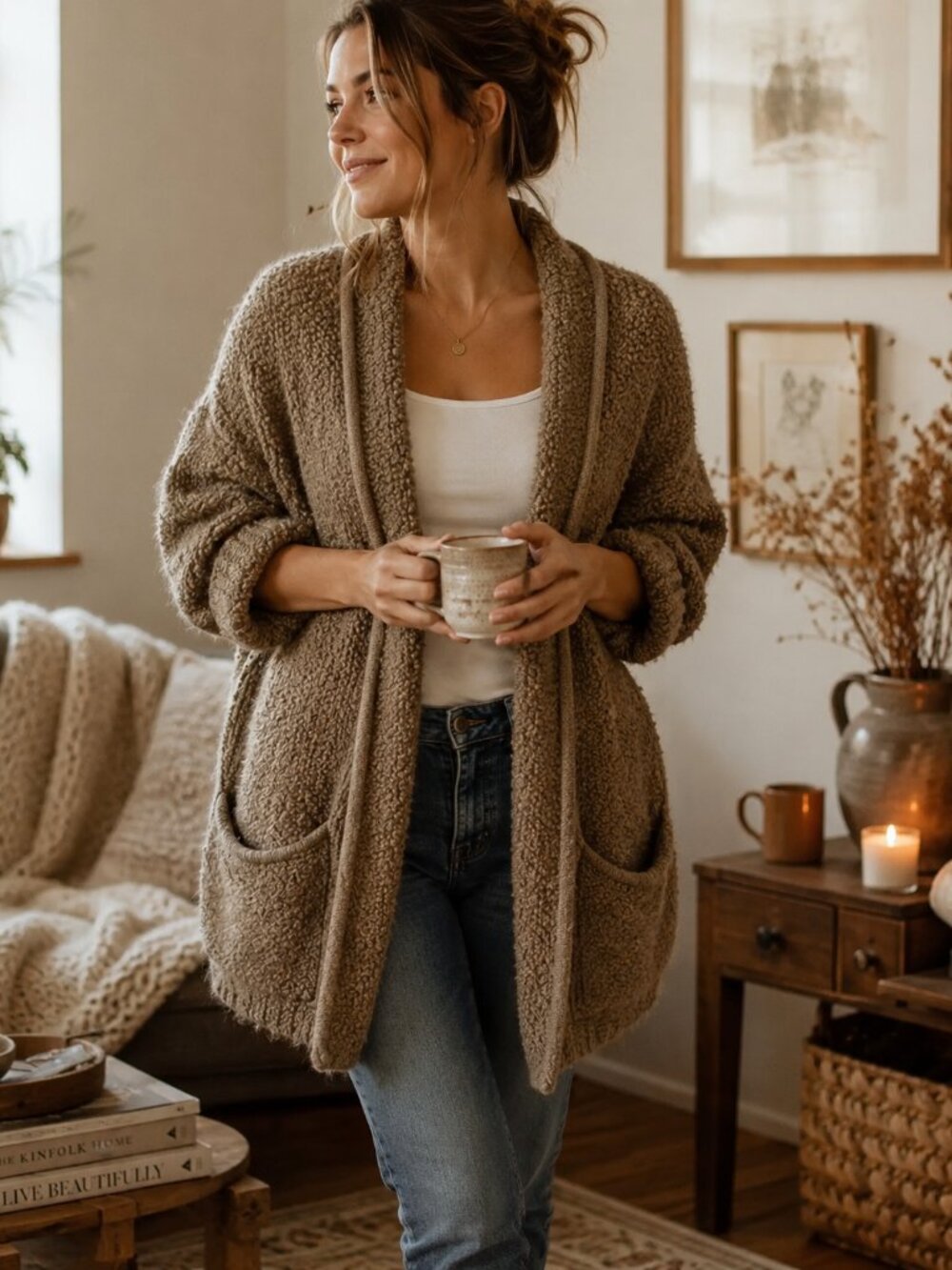 Ditte Textured Knit Open Front Cardigan Coat Brown Tan Size M